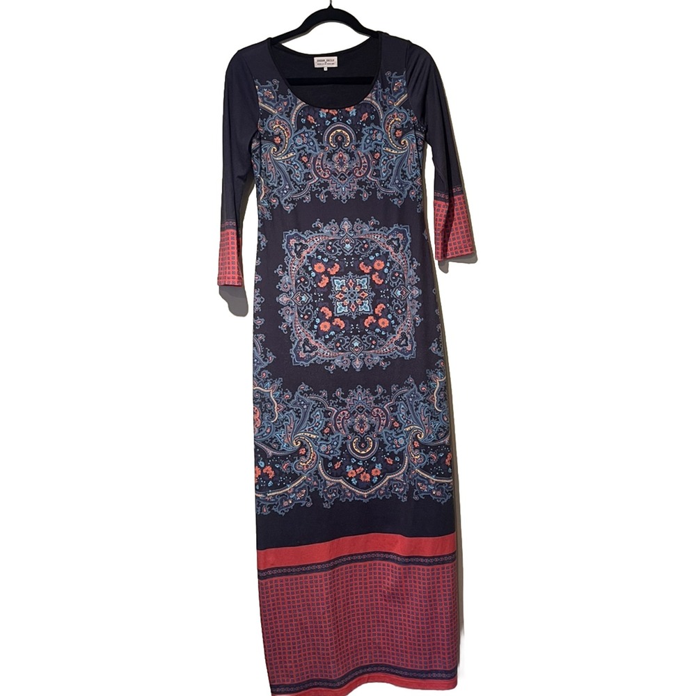 Anthropologie Rayon Blend Batik Mandala Maxi Dress SZ Small 3/4 Sleeve Long